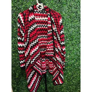 Alison Andrews Cardigan red, black, white, career, chevron